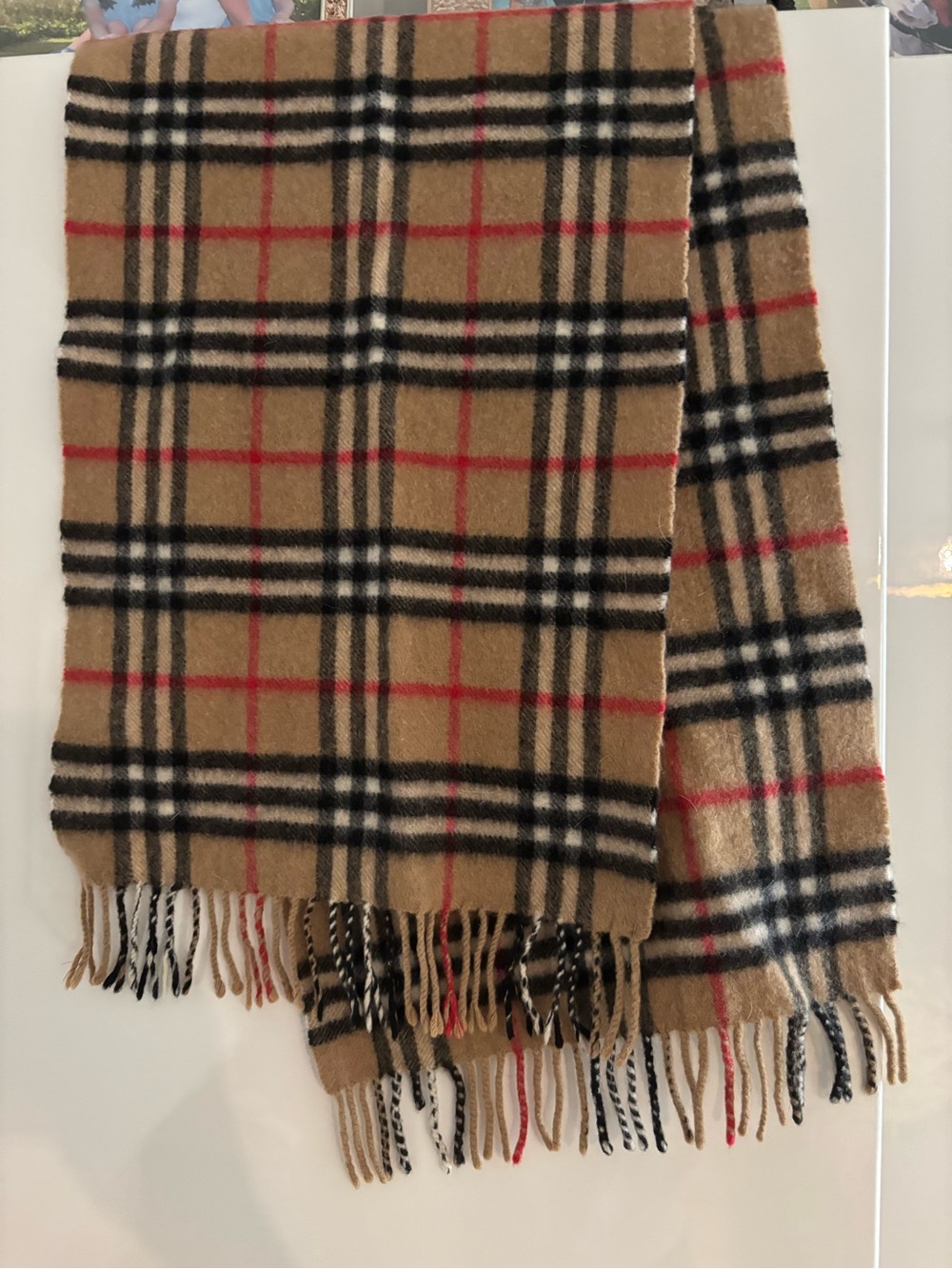 Burberry Tan Check Cashmere-Feel Scarf with Red and Black Accents